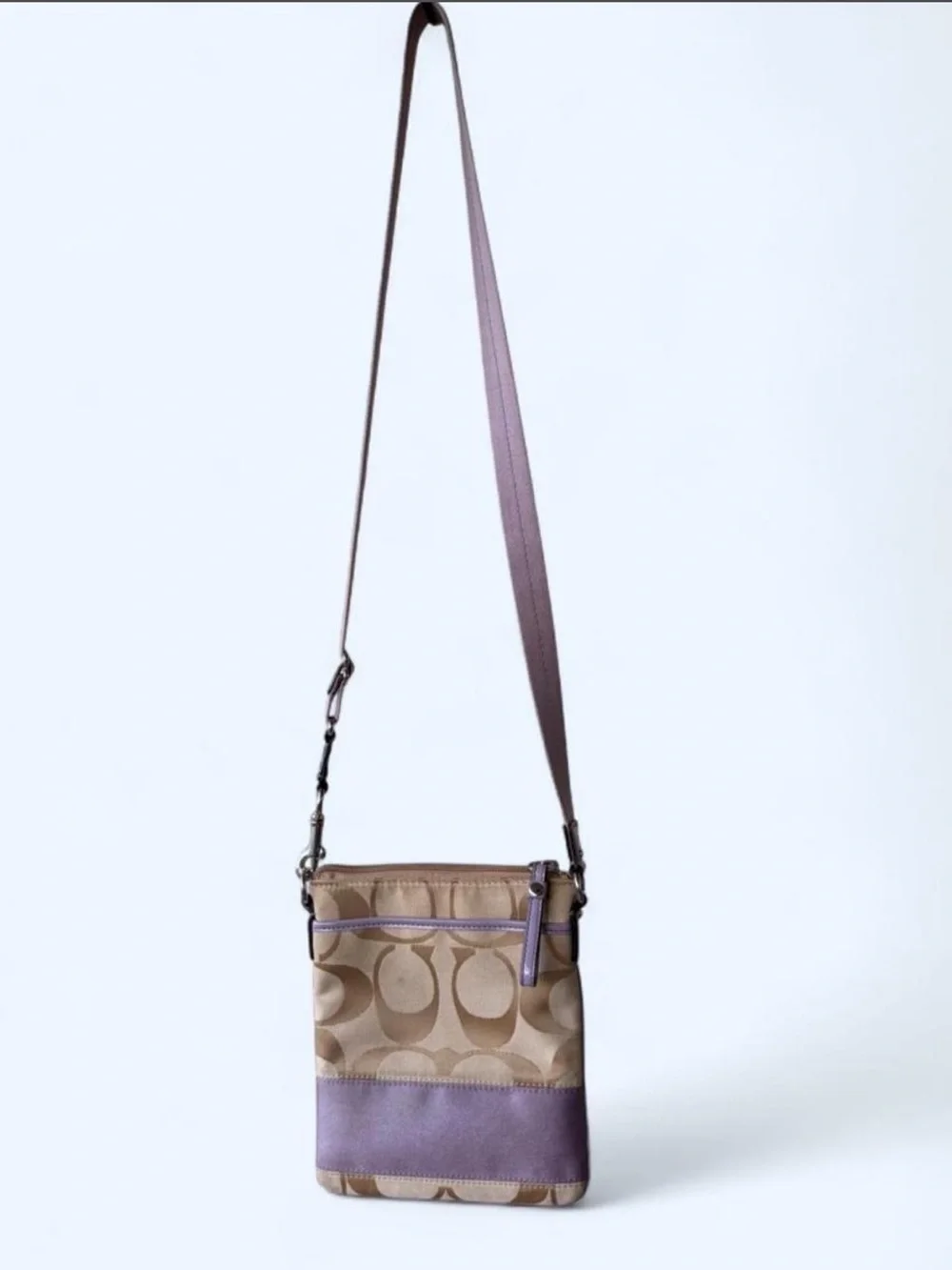 Coach Signature Canvas Crossbody Bag in Tan and Lavender